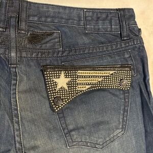 Robins Jeans Racer Leather Flap Pockets Blue Wings Straight Leg 40